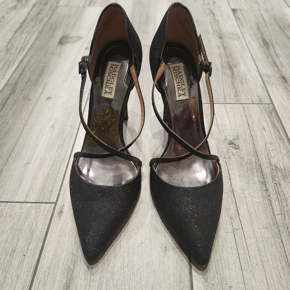 Badgley Mischka Black Glitter 4.5 inch Heels Pointed Toe Cross Strap Pumps 8.5